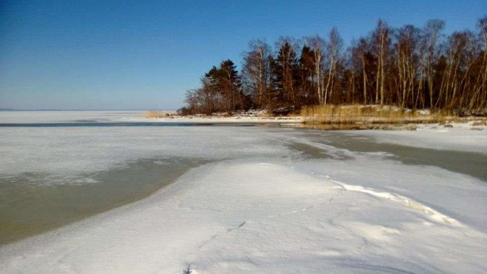Havsis och snö längs stranden en vinterdag